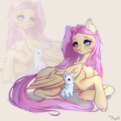 Size: 3160x3160 | Tagged: safe, artist:vivinhyan, derpibooru import, part of a set, angel bunny, fluttershy, pegasus, pony, rabbit, animal, duo, female, high res, lying down, mare, prone, smiling, zoom layer