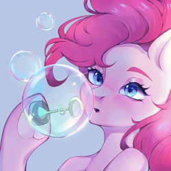 Size: 4096x4096 | Tagged: safe, artist:vivinhyan, derpibooru import, pinkie pie, earth pony, pony, absurd resolution, blowing bubbles, bubble, bust, female, gradient background, hoof hold, mare, portrait, solo