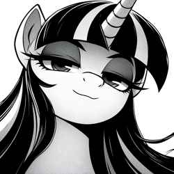 Size: 2048x2048 | Tagged: safe, ai content, derpibooru import, generator:bing image creator, generator:dall-e 3, machine learning generated, twilight sparkle, pony, unicorn, g4, black and white, female, grayscale, horn, lidded eyes, looking at you, mare, monochrome, prompter:krivovyaz, simple background, smiling, smiling at you, smug, solo, top to bottom, white background