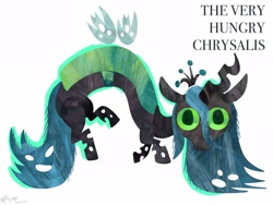 Size: 2048x1536 | Tagged: safe, artist:catscratchpaper, derpibooru import, queen chrysalis, changeling, changeling queen, g4, female, looking at you, mare, parody, simple background, solo, the very hungry caterpillar, white background, wide eyes