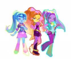 Size: 2048x1740 | Tagged: safe, artist:alba_pura, derpibooru import, adagio dazzle, aria blaze, sonata dusk, equestria girls, g4, adoragio, ariabetes, belt, boots, clothes, cute, denim, female, gem, high heel boots, jeans, leggings, miniskirt, open mouth, pants, shirt, shoes, shorts, simple background, siren gem, skirt, socks, sonatabetes, the dazzlings, trio, trio female, white background