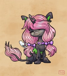 Size: 1800x2048 | Tagged: safe, artist:catscratchpaper, derpibooru import, oc, oc only, oc:oculus, changeling, bow, cute, cute little fangs, eyes closed, fangs, female, freckles, hair bow, happy, leonine tail, mare, sitting, smiling, solo, tail