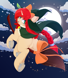 Size: 4400x5000 | Tagged: safe, alternate version, artist:xsatanielx, derpibooru import, oc, oc only, oc:emerald sour, pony, unicorn, absurd resolution, braid, braided tail, broom, butt, cloud, commission, dock, featureless crotch, female, flying, flying broomstick, freckles, frog (hoof), full moon, hat, horn, looking at you, looking back, looking back at you, mare, moon, night, night sky, open mouth, open smile, plot, sky, smiling, smiling at you, solo, tail, underhoof, unicorn oc, witch, witch hat, ych result