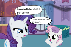 Size: 2048x1365 | Tagged: safe, artist:trrrebleee, derpibooru import, edit, edited screencap, screencap, rarity, sweetie belle, unicorn, g4, carousel boutique, comic, horn, meme, pyro belle, pyromaniac, screencap comic, smoke