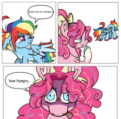 Size: 1097x1078 | Tagged: safe, artist:ask-pinkie-polkadot-pie, derpibooru import, pinkie pie, rainbow dash, earth pony, pegasus, fanfic:cupcakes, g4, alternate design, comic panel, female, imminent murder, insanity, man i'm so hungry / how hungry, mare, meme, ponified, ponified meme, simple background, subverted meme, this will end in cupcakes, white background