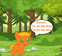 Size: 964x872 | Tagged: safe, artist:memeartboi, derpibooru import, earth pony, pony, g4, baby, baby pony, colt, cute, darwin watterson, foal, forest, forest background, happy, little boy, male, nature, ponified, singing, solo, species swap, the amazing world of gumball, tree, walking