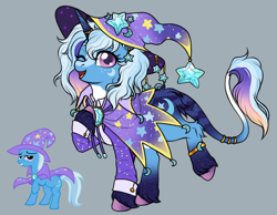 Size: 1280x994 | Tagged: safe, artist:malinraf1615, derpibooru import, trixie, pony, unicorn, g4, alternate design, alternate hairstyle, alternate mane color, alternate tail color, alternate tailstyle, alternate universe, bipedal, blaze (coat marking), blue coat, bracelet, brooch, butt fluff, cape, clothes, coat markings, colored belly, colored eyebrows, colored hooves, colored horn, colored pupils, cute, diatrixes, eyelashes, facial markings, female, fluffy mane, gold jewelry, gradient hooves, gradient horn, gradient legs, gradient mane, gradient tail, gray background, hat, hock fluff, hooves, horn, jewelry, leonine tail, mare, multicolored mane, multicolored tail, one eye closed, pale belly, purple eyes, purple hooves, purple pupils, raised hoof, raised leg, reference used, ring, simple background, socks (coat marking), solo, sparkly horn, sparkly legs, starry eyes, stripes, suit, tail, tail fluff, tail markings, tail ring, trixie's brooch, trixie's cape, trixie's hat, tuxedo, two toned horn, unshorn fetlocks, wall of tags, white belly, wingding eyes, wink