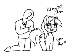 Size: 857x673 | Tagged: safe, artist:anonymous, derpibooru import, lyra heartstrings, oc, oc:anon, pony, unicorn, black and white, duo, duo male and female, female, grayscale, horn, male, monochrome, simple background, sketch, smiling, white background