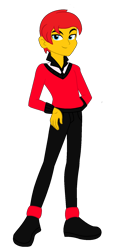 Size: 769x1706 | Tagged: safe, artist:robertsonskywa1, derpibooru import, oc, oc only, oc:starbreaker firewalker, equestria girls, g4, bowtie, clothes, hand on hip, male, photo, red hair, red shirt, redesign, simple background, solo, transparent background, yellow skin