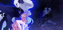 Size: 3421x1608 | Tagged: safe, artist:sorninay, derpibooru import, princess luna, sweetie belle, alicorn, pony, unicorn, g4, concave belly, duo, duo female, female, height difference, horn, large wings, slender, thin, wings