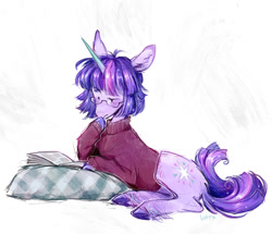 Size: 1233x1058 | Tagged: safe, artist:lutraviolet, derpibooru import, twilight sparkle, pony, g4, 2023, alternate cutie mark, alternate tailstyle, blue text, blush lines, blushing, bobcut, book, butt fluff, clothes, colored eartips, colored hooves, colored horn, cute, dot eyes, ear fluff, ears, eyebrows, frown, glasses, gradient horn, hoof on chin, hooves, horn, lighter coat, long horn, looking at something, lying down, open book, pillow, prone, purple blush, purple hooves, raised eyebrow, raised hoof, raised leg, reading, shiny horn, shiny mane, shiny tail, short hair, short mane, short mane twilight sparkle, signature, simple background, solo, sparkly hooves, sparkly mane, sparkly tail, sweater, tail, text, turtleneck, turtleneck sweater, twiabetes, underhoof, unshorn fetlocks, wall of tags, white background