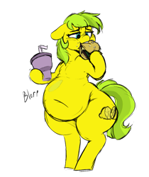 Size: 803x958 | Tagged: safe, artist:polofastter, artist:somefrigginnerd, derpibooru import, oc, oc only, oc:lemon drop, earth pony, pony, belly, belly button, big belly, bipedal, burger, butt, commissioner:lemondrop, ears, eating, fat, female, floppy ears, food, large butt, mare, simple background, sketch, solo, stomach noise, transparent background, wide hips