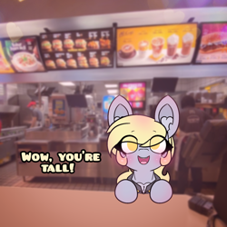 Size: 1500x1500 | Tagged: safe, artist:sodapop sprays, derpibooru import, part of a set, derpy hooves, pegasus, pony, series:derpy can't catch a break, blushing, chest fluff, clothes, ear fluff, ears, eye clipping through hair, fast food, food, freckles, heart ear fluff, long hair, looking at you, looking up, looking up at you, mcdonald's, meme, short, smol, solo, text