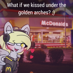 Size: 1293x1293 | Tagged: safe, artist:sodapop sprays, derpibooru import, part of a set, derpy hooves, pegasus, pony, series:derpy can't catch a break, blushing, chest fluff, clothes, ear fluff, ears, eye clipping through hair, fast food, flirting, food, freckles, long hair, mcdonald's, meme, one eye closed, solo, text, what if we kissed, wink