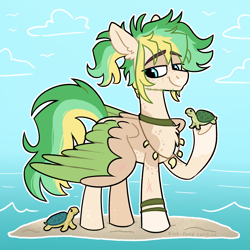 Size: 2100x2100 | Tagged: safe, artist:pink-pone, derpibooru import, oc, oc only, oc:shark bait, pegasus, pony, turtle, artfight, blue eyes, bracelet, choker, cloud, colored belly, colored eyebrows, colored underhoof, colored wings, colored wingtips, cream belly, day, ear fluff, ears, eyebrows, eyebrows visible through hair, facial hair, facial scar, gift art, green mane, green tail, green wingtips, high res, jewelry, leg markings, leg scar, lidded eyes, looking at something, magical lesbian spawn, male, male oc, necklace, next generation, nose scar, ocean, offspring, pale belly, parent:pinkie pie, parent:rainbow dash, parents:pinkiedash, pegasus oc, ponytail, sand, scar, shark tooth necklace, signature, sky, smiling, solo, spots, stallion, stallion oc, tail, three toned mane, three toned tail, tied mane, tooth necklace, two toned wings, underhoof, wall of tags, water, wing scar, wings