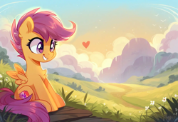 Size: 1600x1095 | Tagged: safe, ai content, derpibooru import, generator:pony diffusion v6 xl, generator:stable diffusion, machine learning generated, scootaloo, pegasus, pony, day, grin, heart, outdoors, prompter:massbrainimpact, scenery, sitting, sky, smiling, solo, spread wings, teeth, wings