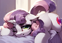 Size: 1600x1095 | Tagged: safe, ai content, derpibooru import, generator:pony diffusion v6 xl, generator:stable diffusion, machine learning generated, sweetie belle, pony, unicorn, :3, bed, bent over, horn, lying down, on bed, one eye closed, prompter:massbrainimpact, prone, solo, spread legs, spreading