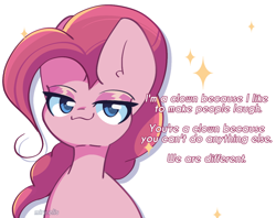 Size: 1200x950 | Tagged: safe, artist:miryelis, derpibooru import, pinkie pie, earth pony, pony, female, looking at you, mare, meme, simple background, smiling, smug, solo, sparkles, text, we are not the same, white background