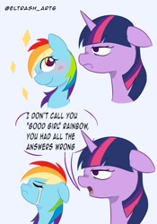 Size: 726x1036 | Tagged: safe, artist:eltrash_art6, derpibooru import, rainbow dash, twilight sparkle, twilight sparkle (alicorn), alicorn, pegasus, pony, g4, 2 panel comic, blushing, comic, crying, duo, duo female, female, i'm not calling you good boy, mare, meme, open mouth, ponified, ponified meme, sad, twilight sparkle is not amused, unamused