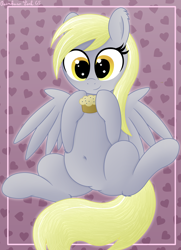 Size: 2776x3830 | Tagged: safe, artist:rainbowšpekgs, derpibooru import, derpy hooves, pegasus, pony, g4, belly, belly button, chubby, cute, derpabetes, female, food, mare, muffin, sitting, smiling, solo, spread wings, that pony sure does love muffins, wings