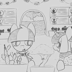 Size: 1020x1020 | Tagged: safe, artist:castafae, derpibooru import, oc, oc only, oc:reign, oc:rush, pegasus, pony, robot, robot pony, unicorn, bonsai, botanical garden, bowtie, cactus, duo, duo female, female, flower, garden, grayscale, horn, lidded eyes, mare, monochrome, siblings, sisters