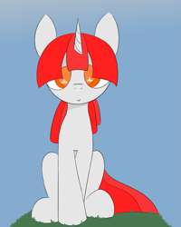 Size: 1107x1386 | Tagged: safe, artist:castafae, derpibooru import, oc, oc only, oc:reign, pony, robot, robot pony, unicorn, female, horn, mare, sitting, solo, wingding eyes