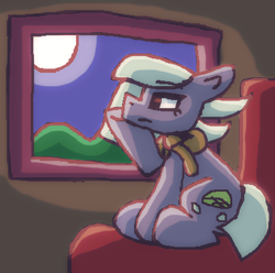 Size: 412x409 | Tagged: safe, artist:rosa ushiromiya, derpibooru import, limestone pie, earth pony, pony, g4, clothes, female, hoof on cheek, mare, moon, scarf, scenery, sitting, window