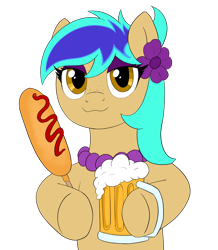 Size: 1823x2091 | Tagged: safe, artist:ligmire, derpibooru exclusive, derpibooru import, oc, oc only, oc:flowish, earth pony, pony, :3, alcohol, beer, beer mug, corn, corndog, drink, facial freckles, flower, flower in hair, food, freckles, jewelry, ketchup, necklace, pearl necklace, sauce, sausage, smug, solo