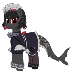 Size: 2037x2109 | Tagged: safe, artist:ligmire, derpibooru import, pony, clothes, ellen joe (zenless zone zero), fish tail, maid, ponified, red eyes, shark tail, shoes, short hair, solo, species swap, tail, zenless zone zero