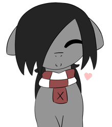 Size: 703x804 | Tagged: safe, artist:castafae, derpibooru import, oc, oc only, oc:faint rune, earth pony, pony, clothes, ears, eyes closed, female, floating heart, floppy ears, hair over one eye, heart, looking at you, mare, scarf, simple background, smiling, smiling at you, transparent background