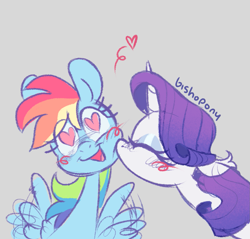 Size: 1345x1284 | Tagged: safe, artist:bishopony, derpibooru import, rainbow dash, rarity, pegasus, pony, unicorn, g4, blue eyeshadow, blush scribble, blushing, bust, cute, daaaaaaaaaaaw, dashabetes, duo, duo female, eye clipping through hair, eyelashes, eyes closed, eyeshadow, female, flapping wings, floating heart, gray background, heart, heart eyes, horn, kiss on the cheek, kissing, lesbian, makeup, motion lines, open mouth, open smile, raridash, requested art, shipping, signature, simple background, sketch, smiling, spread wings, wingding eyes, wings