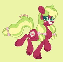 Size: 2041x2000 | Tagged: safe, artist:bishopony, derpibooru import, applejack (g3), earth pony, pony, g3, alternate design, alternate hairstyle, alternate tailstyle, bipedal, blaze (coat marking), blush scribble, blushing, bow, coat markings, colored pupils, cute, facial markings, female, freckles, green background, hair bow, high res, looking back, mare, pigtails, raised hoof, raised leg, requested art, signature, simple background, smiling, solo, tail, tail bow, unshorn fetlocks