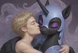 Size: 1216x832 | Tagged: safe, ai content, derpibooru import, machine learning generated, nightmare moon, alicorn, human, pony, g4, eyes closed, female, hug, human male, human on pony snuggling, male, mare, prompter needed, shipping, smiling, snuggling, winghug, wings