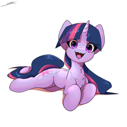 Size: 3000x3000 | Tagged: safe, artist:skitsroom, derpibooru import, twilight sparkle, unicorn twilight, pony, unicorn, g4, cute, female, looking at you, lying down, mare, open mouth, open smile, prone, simple background, smiling, smiling at you, solo, twiabetes, white background