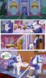 Size: 2419x4093 | Tagged: safe, artist:puke-o, derpibooru import, rarity, oc, oc:cyan sand, earth pony, pony, unicorn, comic:mature rarity needs the d, g4, the last problem, alcohol, butt, canon x oc, carousel boutique, chest fluff, clothes, corset, dock, drink, drinking, duo, duo male and female, female, fluffy, horn, lingerie, male, mare, mirror, older, older rarity, plot, stallion, sternocleidomastoid, stockings, tail, thigh highs, wine