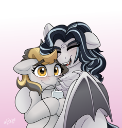 Size: 2913x3072 | Tagged: safe, artist:rivin177, derpibooru import, oc, oc only, oc:totalspark, bat pony, earth pony, pony, bat wings, chest fluff, coat markings, commission, device, duo, duo female, eyelashes, female, gradient background, holding, hug, mp3 player, shy, trans female, transgender, transgender oc, wings