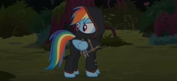 Size: 2340x1080 | Tagged: safe, artist:agrol, derpibooru import, edit, screencap, rainbow dash, pegasus, pony, g4, dagger, forest, hood, katana, looking around, nature, ninja, solo, sword, tales of adventurers, tree, weapon