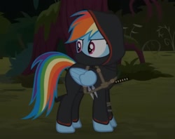 Size: 1364x1080 | Tagged: safe, artist:agrol, derpibooru import, edit, screencap, rainbow dash, pegasus, pony, g4, cropped, dagger, forest, hood, katana, looking around, nature, ninja, solo, sword, tales of adventurers, tree, weapon