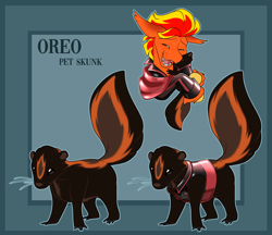 Size: 3121x2700 | Tagged: safe, artist:parrpitched, derpibooru import, oc, oc only, oc:fireheart(fire), oc:oreo the skunk, bat pony, skunk, alternate universe, bat pony oc, clothes, cute, fireheart76's latex suit design, latex, pet, pet oc, prisoners of the moon, reference sheet, solo, vest