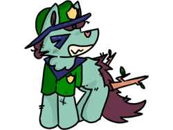 Size: 2160x1620 | Tagged: safe, artist:felixmcfurry, derpibooru import, oc, oc only, oc:leafy trail, pony, badge, bandaid, bandaid on nose, cheek fluff, clothes, eyes closed, female, filly, filly oc, foal, hat, messy tail, park ranger, scruffy, simple background, simple shading, smiling, solo, stick, stick in tail, tail, transparent background, wood