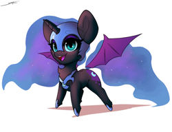 Size: 3000x2300 | Tagged: safe, artist:skitsroom, derpibooru import, nightmare moon, alicorn, bat pony, bat pony alicorn, pony, g4, backwards cutie mark, bat ponified, bat wings, chibi, cute, female, helmet, hoof shoes, horn, jewelry, mare, moonabetes, open mouth, race swap, regalia, simple background, solo, white background, wings