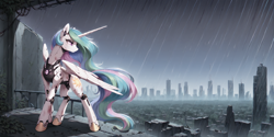 Size: 2400x1200 | Tagged: safe, ai content, derpibooru import, machine learning generated, princess celestia, alicorn, cyborg, pony, robot, robot pony, g4, city, female, gynoid, horn, prompter:greesys, rain, scenery, solo, wings