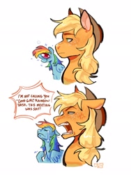 Size: 1536x2048 | Tagged: safe, artist:ebonytails, derpibooru import, applejack, rainbow dash, earth pony, pegasus, pony, g4, 2 panel comic, applejack is not amused, blonde, blonde mane, blue coat, comic, cross-popping veins, crying, dialogue, duo, duo female, emanata, female, freckles, frown, i'm not calling you good boy, looking at someone, mare, meme, multicolored hair, multicolored mane, narrowed eyes, open frown, open mouth, orange coat, orange text, ponified, ponified meme, ponytail, profile, rainbow hair, simple background, smiling, smiling at someone, speech bubble, talking, teeth, text, tied mane, unamused, vulgar, white background