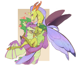 Size: 2730x2355 | Tagged: safe, artist:yozora122, derpibooru import, spike, thorax, changedling, changeling, dragon, g4, adult, adult spike, duo, duo male, gay, gigachad spike, holding a changeling, king thorax, male, older, older spike, ship:thoraxspike, shipping, winged spike, wings