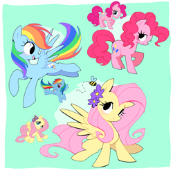 Size: 2500x2500 | Tagged: safe, artist:syrupyyy, derpibooru import, fluttershy, pinkie pie, rainbow dash, bee, earth pony, insect, pegasus, pony, g4, backwards cutie mark, blush sticker, blushing, cute, dashabetes, diapinkes, female, flower, flower in hair, flying, green background, mare, no iris, shyabetes, simple background, sitting, spread wings, trio, trio female, wings