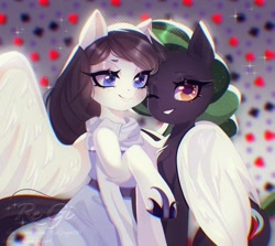 Size: 1280x1140 | Tagged: safe, artist:redginger, derpibooru import, oc, oc only, pegasus, pony, unicorn, chromatic aberration, clothes, duo, duo female, female, grin, hoof shoes, horn, hug, mare, one eye closed, sitting, smiling, winghug, wings