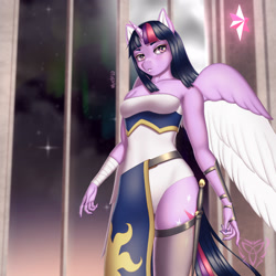 Size: 3000x3000 | Tagged: safe, artist:wraith148, derpibooru import, twilight sparkle, twilight sparkle (alicorn), alicorn, anthro, g4, bracer, breasts, colored wings, fantasy class, female, high res, leg band, looking at you, multicolored wings, scabbard, solo, spread wings, sword, weapon, wings, wizard