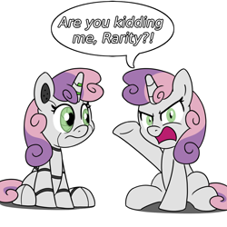 Size: 900x900 | Tagged: safe, artist:unitxxvii, derpibooru import, sweetie belle, sweetie bot, pony, robot, robot pony, unicorn, g4, angry, dialogue, duality, duo, duo female, female, filly, foal, frown, furrowed brow, horn, implied rarity, open mouth, self paradox, self ponidox, simple background, sitting, speech bubble, talking to viewer, white background