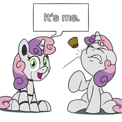 Size: 900x900 | Tagged: safe, artist:unitxxvii, derpibooru import, sweetie belle, sweetie bot, pony, robot, robot pony, unicorn, g4, cork, dialogue, duality, duo, duo female, eyes closed, female, filly, foal, gritted teeth, horn, implied rarity, looking at you, open mouth, open smile, self paradox, self ponidox, simple background, sitting, smiling, smiling at you, speech bubble, teeth, white background