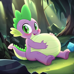 Size: 4096x4096 | Tagged: safe, ai content, derpibooru import, generator:pony diffusion v6 xl, generator:stable diffusion, machine learning generated, spike, dragon, g4, belly, big belly, fat, fat spike, male, prompter:tgut, solo, stuffed